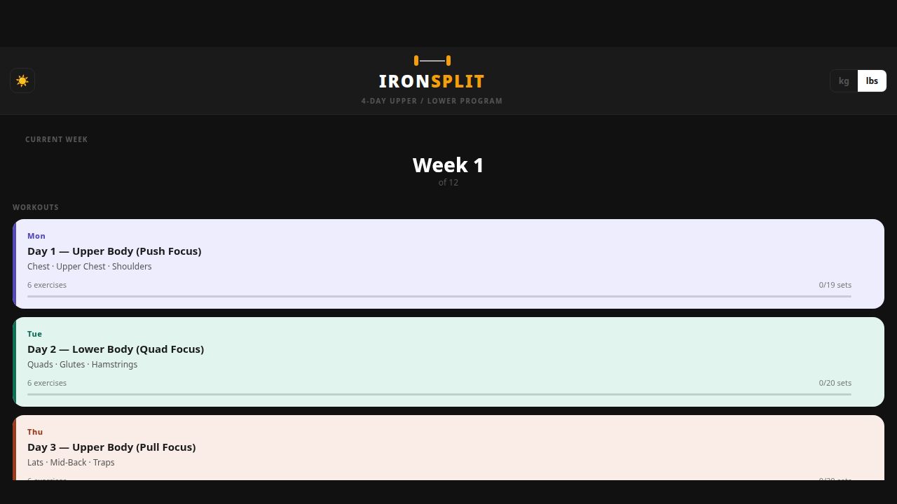 Home screen — weekly schedule